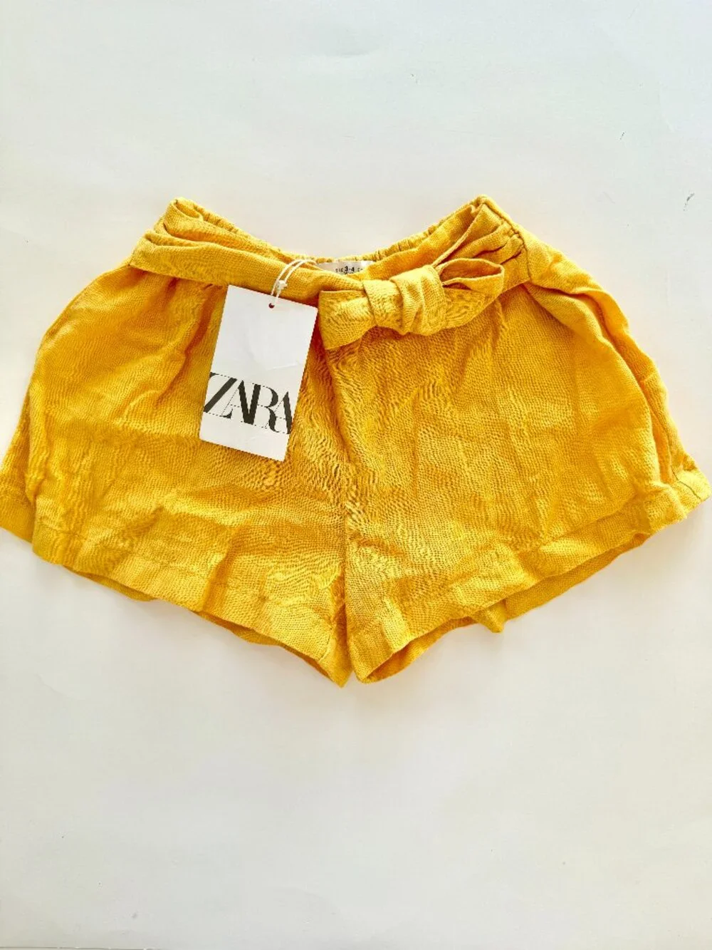 NWT Zara Girls Mustard Yellow Linen Shorts Sz 3-4 (104) Bow Waist